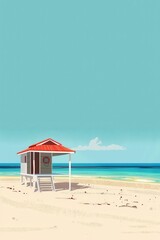 Fototapeta premium Serene Beach Cabana Under Clear Blue Sky - Minimalist Art Perfect for Vacation Cover or Poster