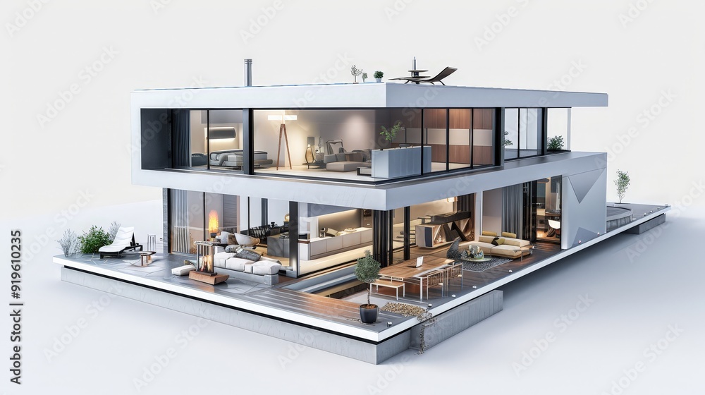 Poster explore the futuristic elements of a 3d house designed for smart living. write about iot integration
