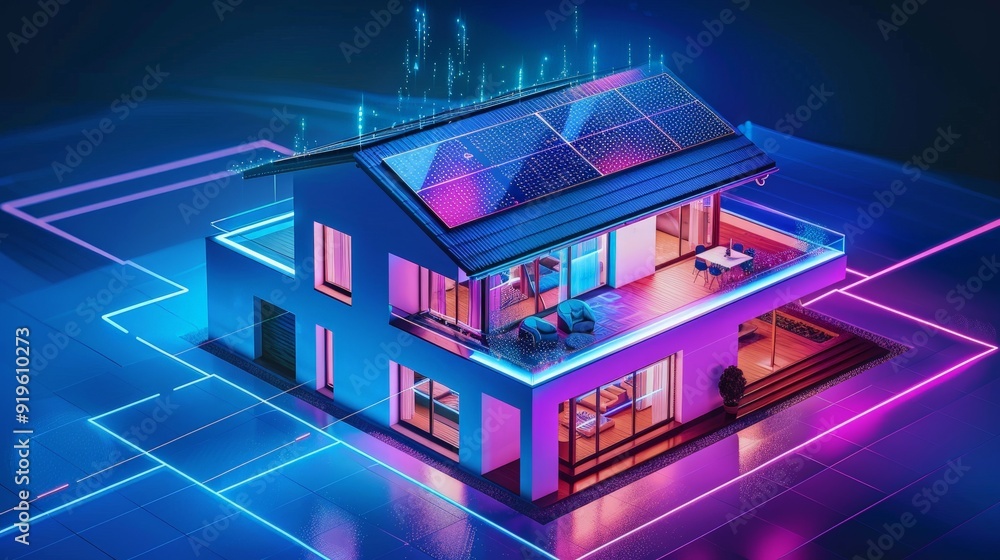 Poster explore the futuristic elements of a 3d house designed for smart living. write about iot integration