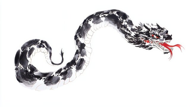 Giant Serpent in Chinese Brush Painting, depicting Bashe, a mythical creature of immense power and mystery, elegantly rendered against a pure white background.