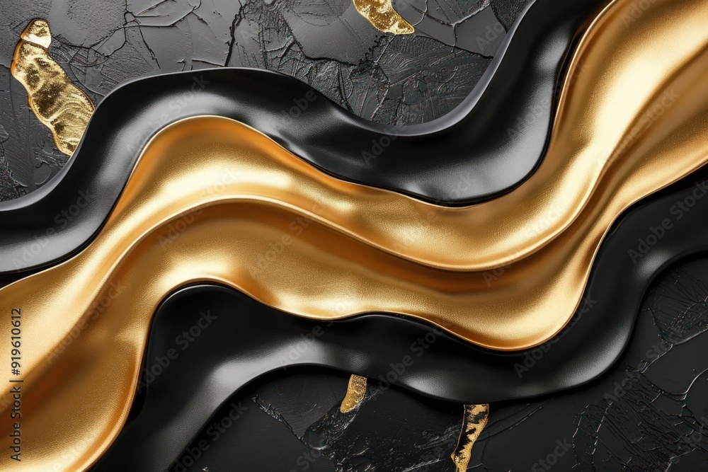 Poster fluid black and gold forms intertwine on a textured background