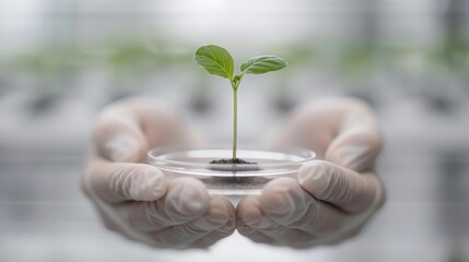 scientist holding a small plant in a glass plate in a lab, closeup of environmental agricultural research, focused, sustainable science