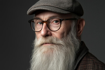 Portrait of an Elderly Man with a Long White Beard, Wearing Glasses and a Flat Cap, in a Dark Studio Setting