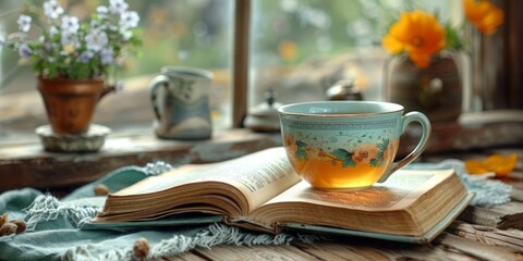 National Read a Book Day open book with a cup of tea, September 6th