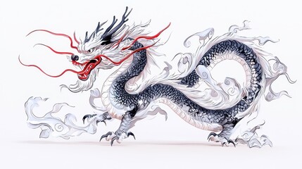 Pixiu in Flight, a traditional Chinese brush painting featuring a mythical creature with open wings, elegantly depicted against a pure white backdrop, highlighting its intricate details.