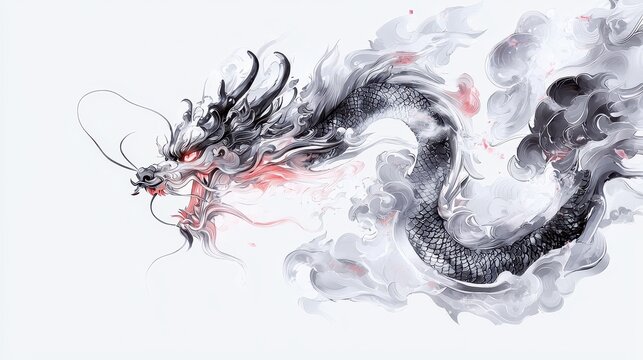 Chinese dragon gracefully entwined in swirling clouds, vibrant brush strokes showcasing traditional artistry, striking contrast against a pristine white canvas.