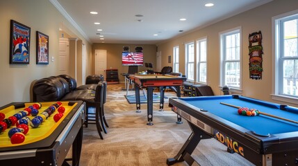 Explore the recreational amenities of a sporty family house. Write about game rooms, home gyms, and how recreational spaces in family homes promote active lifestyles and indoor fun.