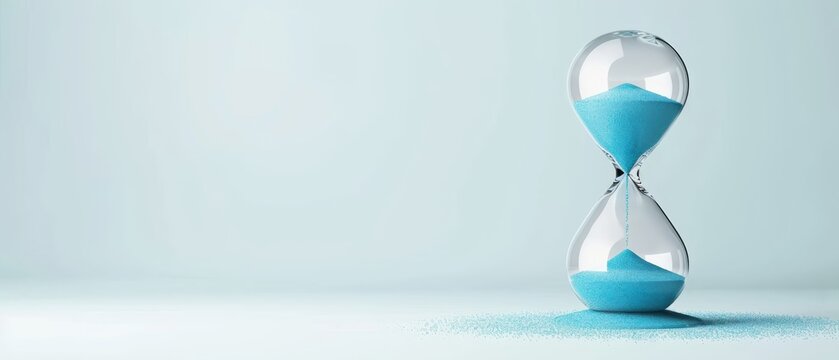  A light blue hourglass filled with blue sand Its shadow casts an image of the hourglass on the background