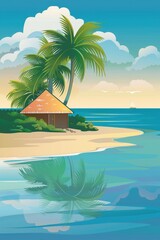 Obraz premium Serene Tropical Island Vector with Minimalist Hut - Perfect for Decoration or Vacation Ads