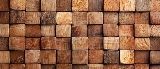  A tight shot of a wooden wall, composed of square and rectangular pieces of varying sizes and hues of wood