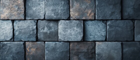 Fototapeta premium A tight shot of a textured stone wall, composed of irregularly-sized and -shaped blocks, adorned with a weathered, rust-patterned surface