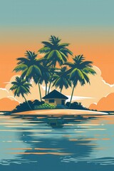 Serene Tropical Island Vector with Minimalist Hut for Decor or Vacation Ads