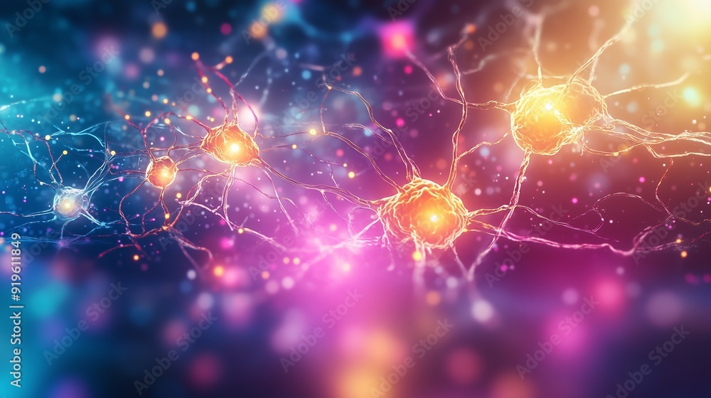 Poster colorful depiction of interconnected neurons showcasing electrical impulses in a dynamic neural netw