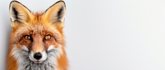 Fototapeta premium A red fox's face up close against a white background, contrasted by another nearby white wall in the foreground
