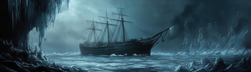 Fototapeta premium Stranded ship in icy waters, digital painting, dark and cold, high tension