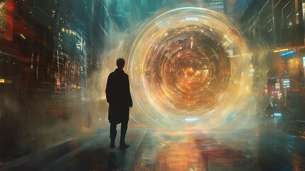 A lone figure stands before a glowing circular portal in a futuristic cityscape.