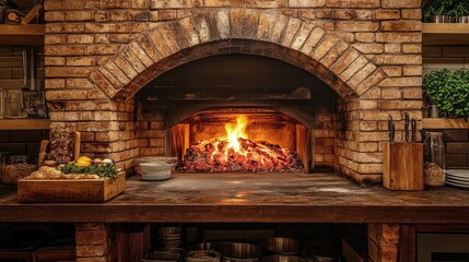 Large brick oven with a fiery glow from embers, ideal for evoking a warm and comforting atmosphere in a rustic kitchen setting.