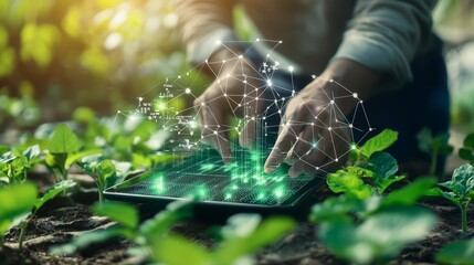 Innovative farmer using technology to enhance crop growth in a lush green field during daylight