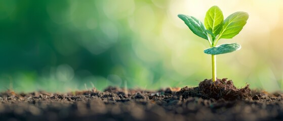  A tiny green plant emerges from the ground, distinct against its softly blurred surroundings