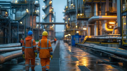 chemical plant with pipelines, storage tanks, and workers