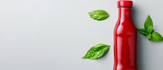 A red bottle with a green leaf atop, beside a green leaf at its base