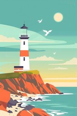 Modern Flat Design Coastal Vacation with Lighthouse, Clean Lines, and Vibrant Colors - Ideal for Advertising Campaigns