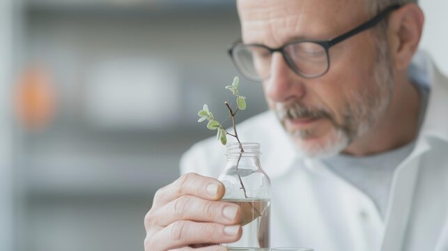 senior plant scientist examining plant specimens in a lab, agricultural and food research, copy space, focused research environment