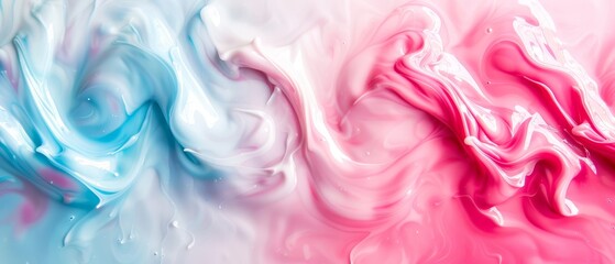  A close-up of a pink and blue background with a white, pink swirl on the left side, and a blue, pink swirl on the right