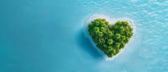  An aerial perspective reveals a heart-shaped island encircled by water, dotted with trees at its center