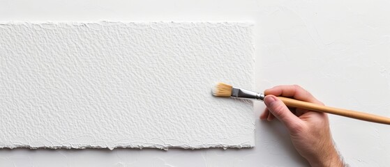  A person holds a brush, applying white paint to a white wall