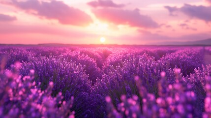Naklejka premium Beautiful view blooming scenic at sunset. Sunset violet lavender flower field