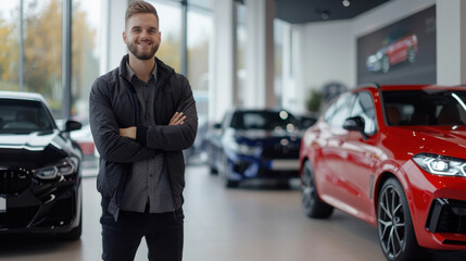 Young man smiling confidently in a car dealership showroom, with luxury vehicles displayed around him.