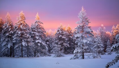 ethereal winter wonderland snowladen pine forest at twilight pastel pink and purple sky golden sunlight filtering through frosted branches