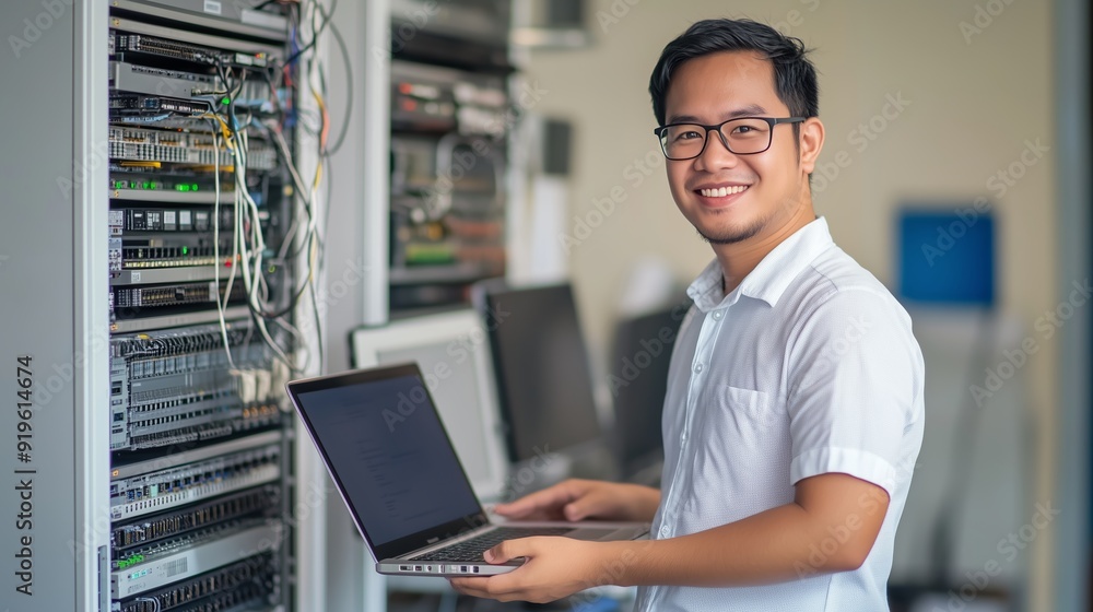 Poster young technician works on computer networking equipment while smiling in a modern office environment