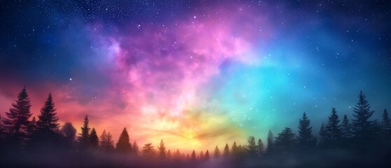 Fototapeta premium A vibrant sky painting with colorfultrees in foreground and stars as backdrop