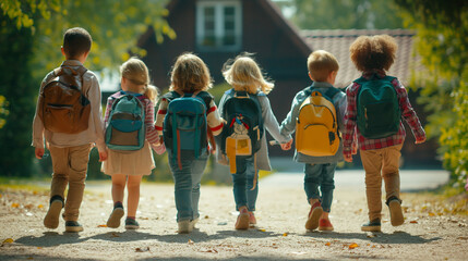 Obraz premium A delightful scene showing five young children with different backpacks strolling together, symbolizing friendship and unity in a sunny suburban setting.