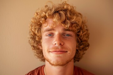 portrait of 20 year old happy caucasian redhead man with curly hair on beige background