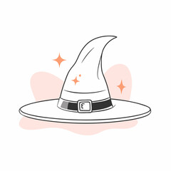 Witch Hat Illustration with Stars, Halloween Theme, Black and White Vector