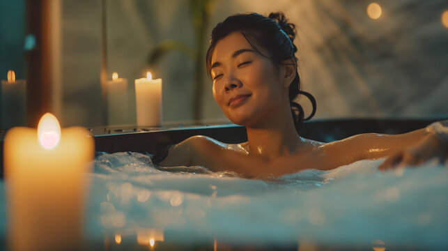 A woman relaxes in a bubble bath, eyes closed and surrounded by soft candlelight, creating a tranquil ambiance at night.