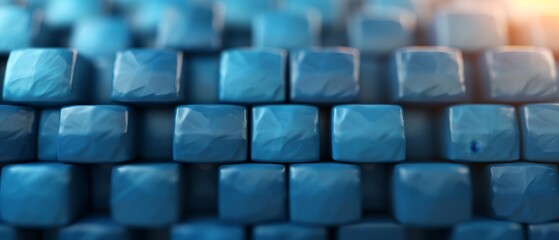  A collection of blue cubes aligns beside one another, facing a radiant, yellow orb in the image's center
