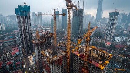 Naklejka premium busy construction site with cranes lifting materials and workers