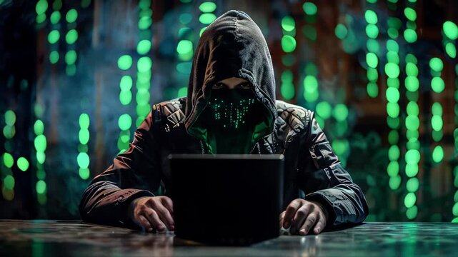A hacker is sitting at a table with a laptop. He is wearing a hooded sweatshirt and a mask