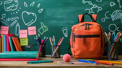 A classroom scene showcasing various school supplies such as books, pencils, pens, and an orange backpack, neatly arranged on a desk against a chalkboard backdrop.