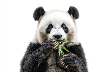Panda eating bamboo isolated on a white background