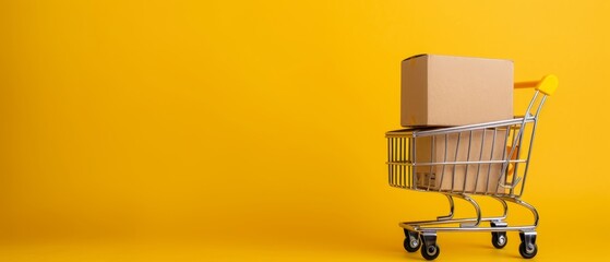  A yellow background features a shopping cart topped with a cardboard box, above which hovers a star