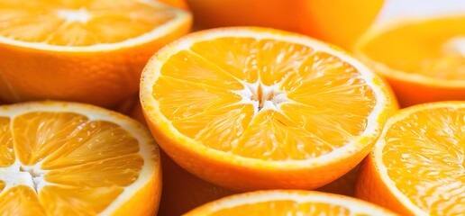 Fototapeta premium Close up of fresh, juicy orange slices, highlighting their vibrant color and texture. Perfect for healthy eating, juice recipes, and culinary inspiration.