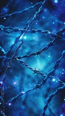 A close-up of twisted barbed wire illuminated by a mystical blue light, creating a captivating and intense atmosphere.