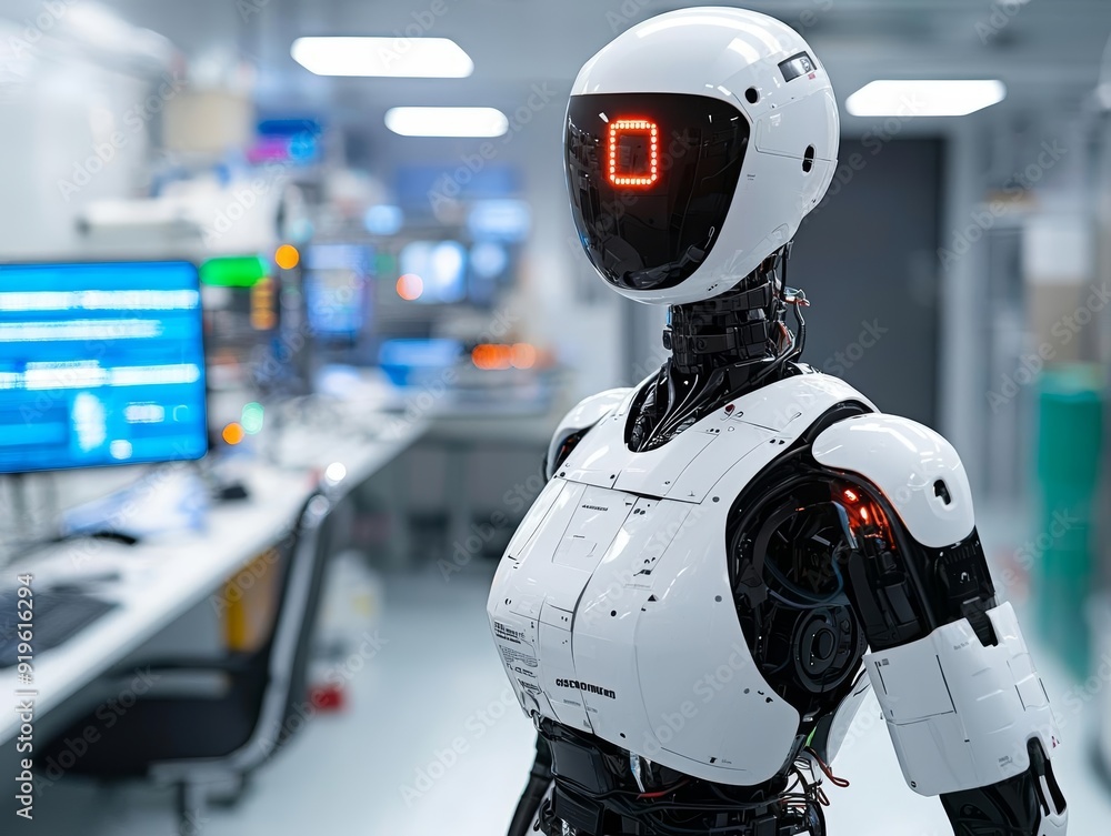 Poster a futuristic robot standing in a laboratory, with blinking lights and computer screens