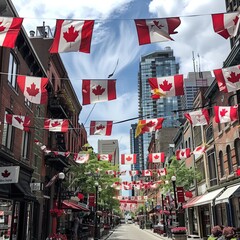Obraz premium Canadian Flags Flying Proudly on Buildings and Streets Decorated