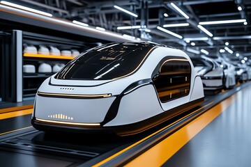 Obraz premium Futuristic autonomous vehicle in a high-tech facility, showcasing advanced technology and modern industrial design.